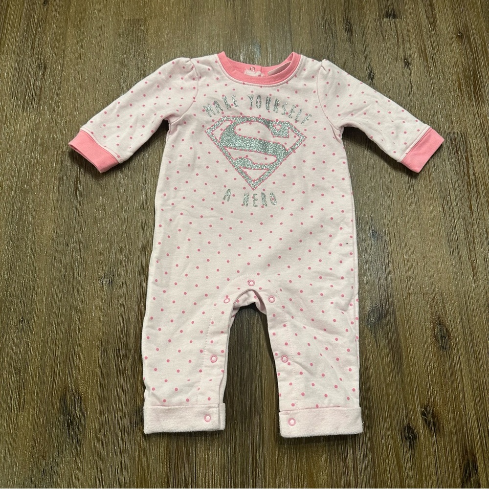 4/20$ Supergirl Baby Pink Polka Dot One Piece Romper size 3-6 months